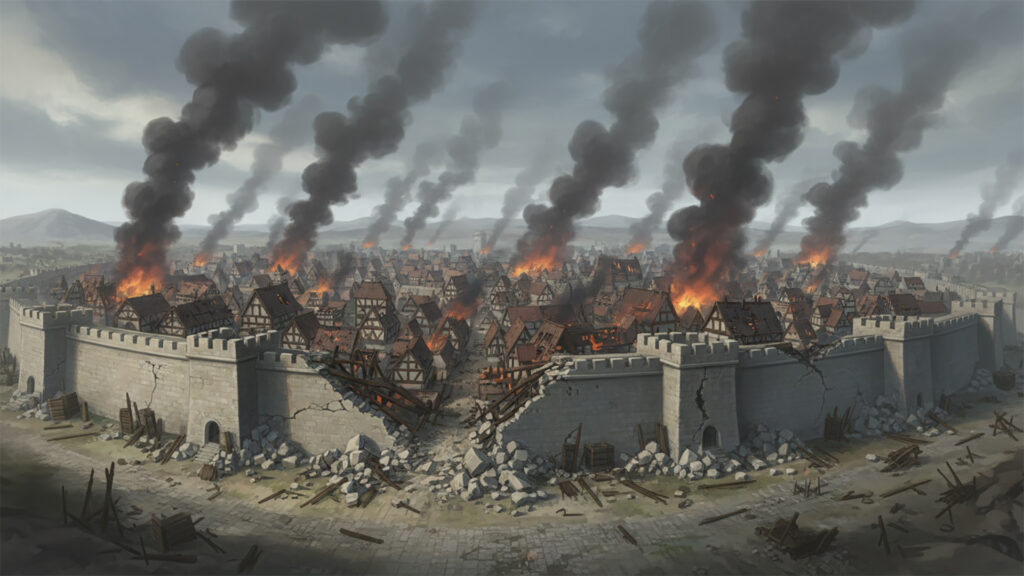 戦いによって破壊された中世風の街｜全景