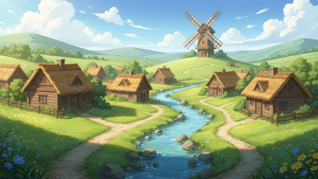 のどかな始まりの村の背景イラストのフリー素材