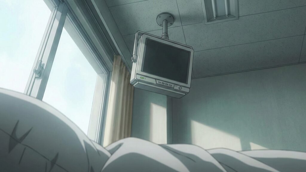 病院のベッドから天井を見上げる視点