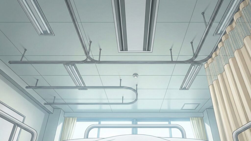 病院のベッドから天井を見上げる視点