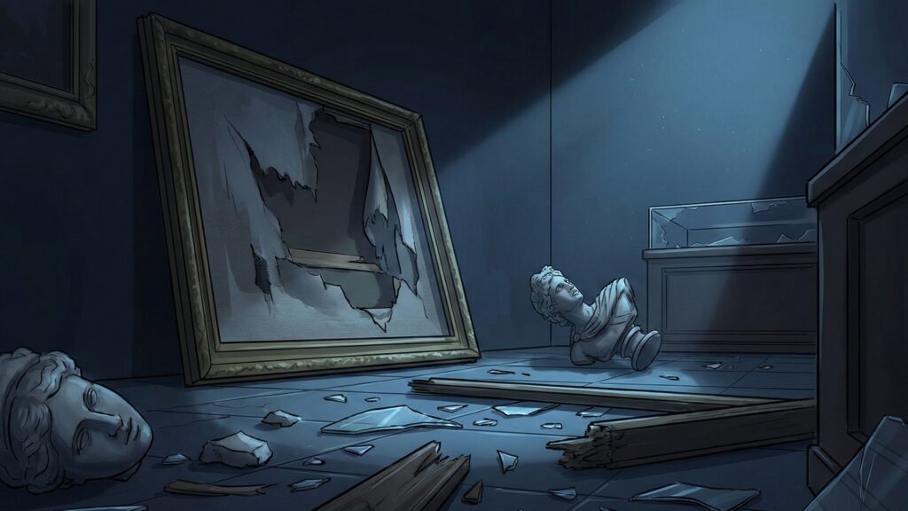 夜の美術館・博物館の荒らされた展示室