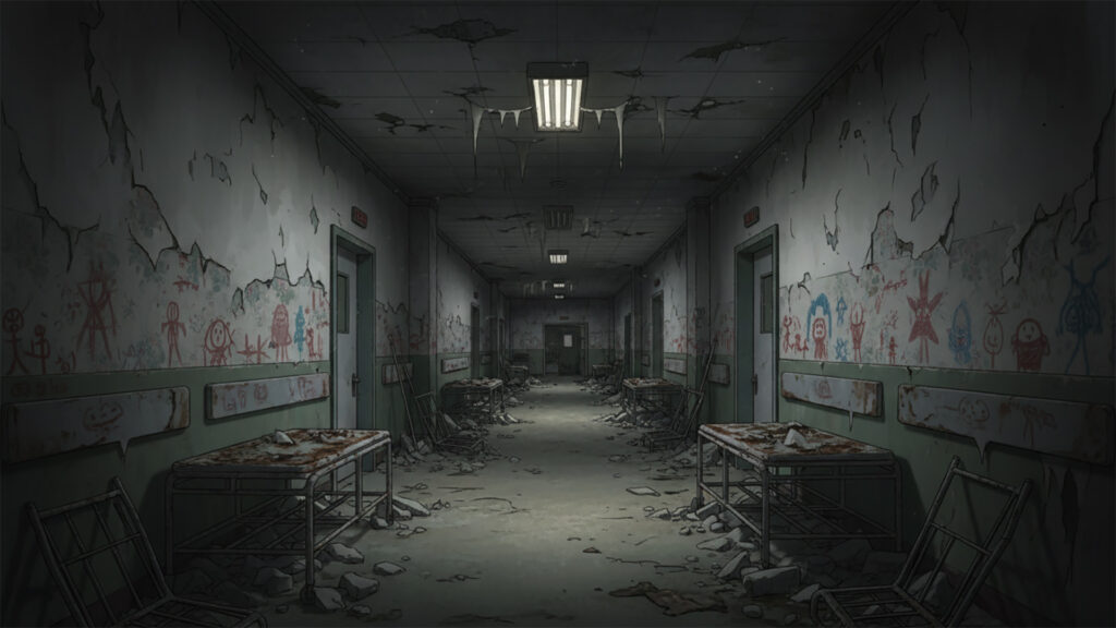 子供の絵が書かれた廃病院｜廊下の背景イラストのフリー素材