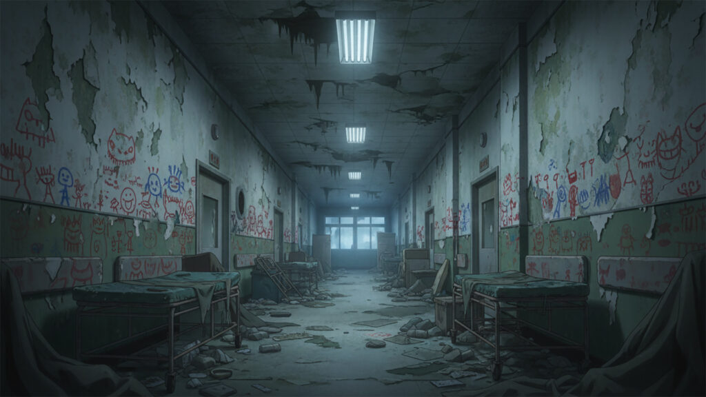 子供の絵が書かれた廃病院｜廊下