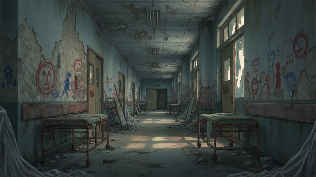 子供の絵が書かれた廃病院｜廊下