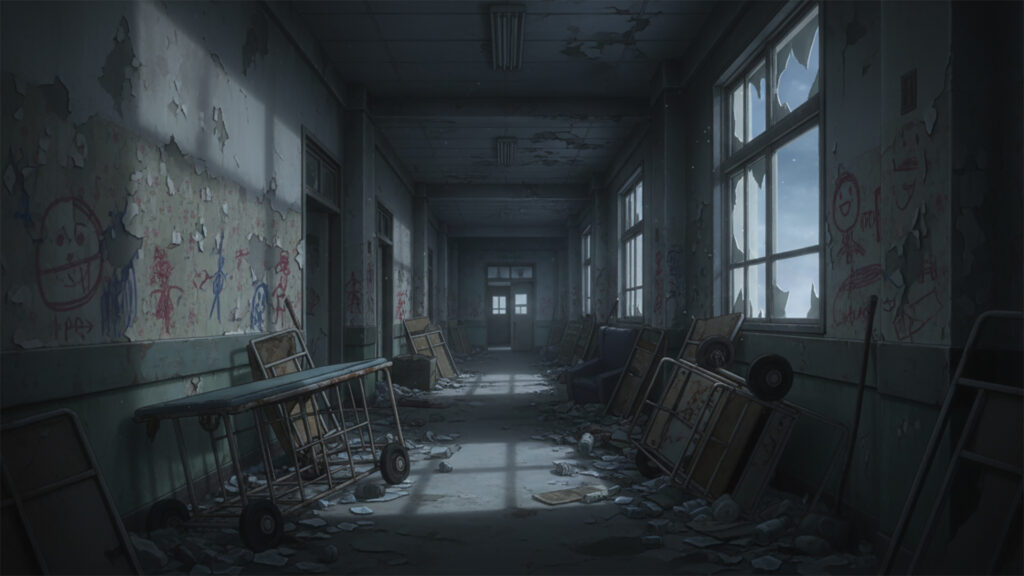 子供の絵が書かれた廃病院｜廊下