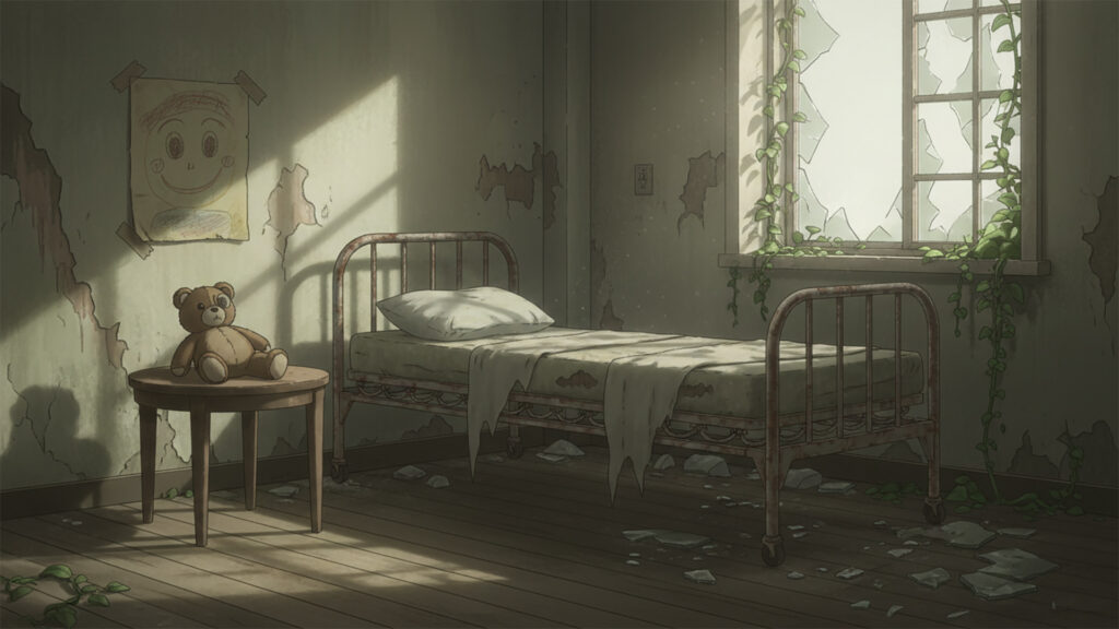 子供の絵が書かれた廃病院｜病室