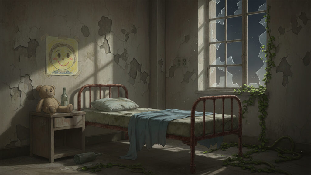 子供の絵が書かれた廃病院｜病室