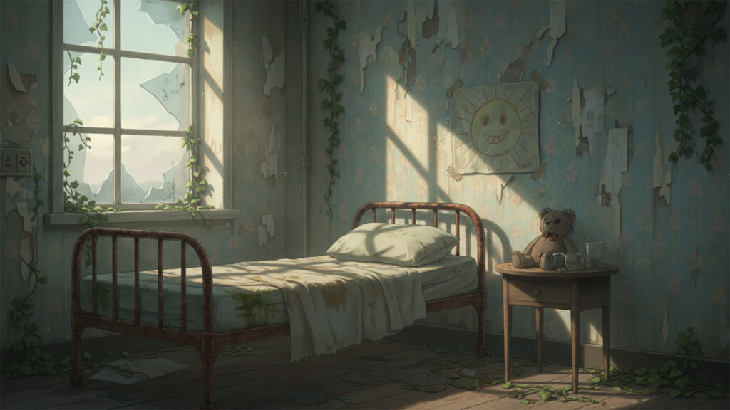 子供の絵が書かれた廃病院｜病室