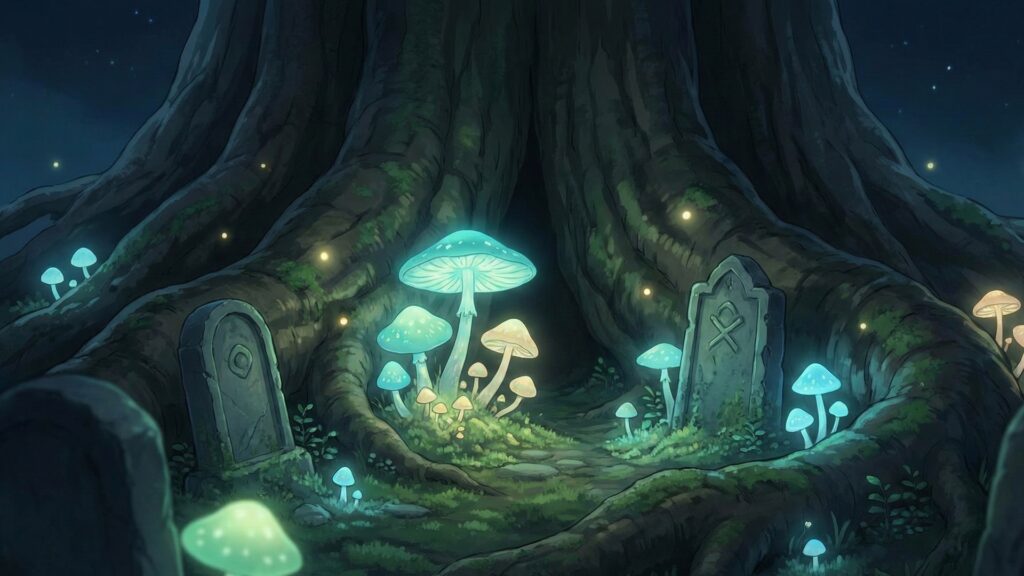 夜の大樹のふもと