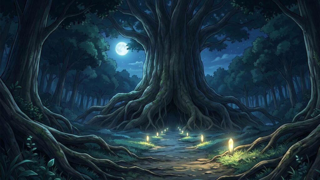 夜の大樹のふもと