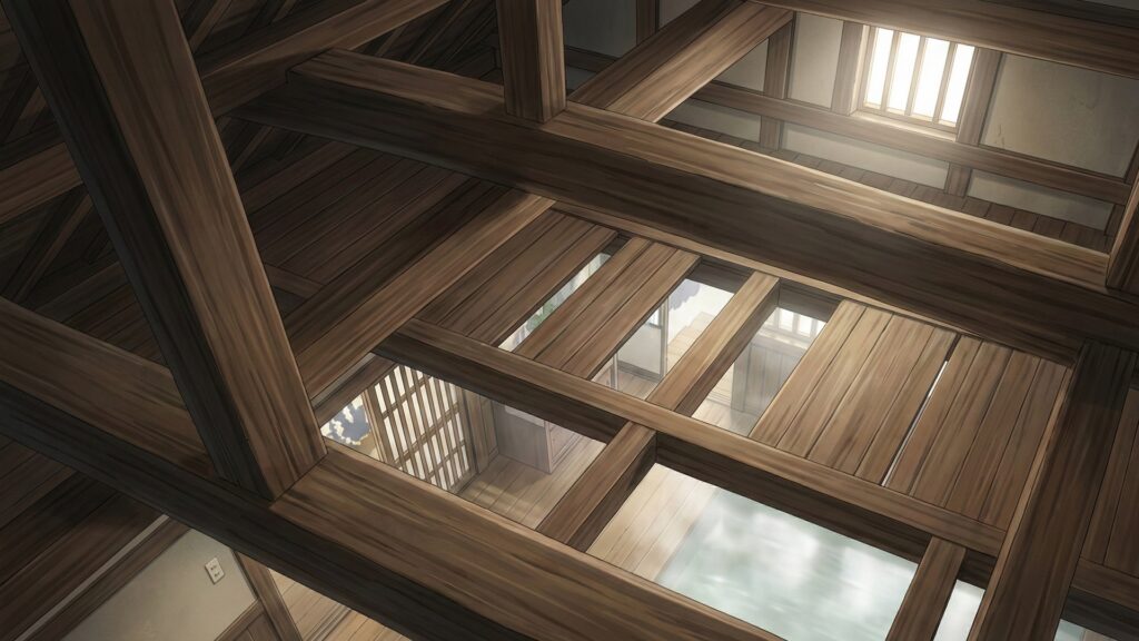 温泉旅館の屋根裏・梁（はり）の上