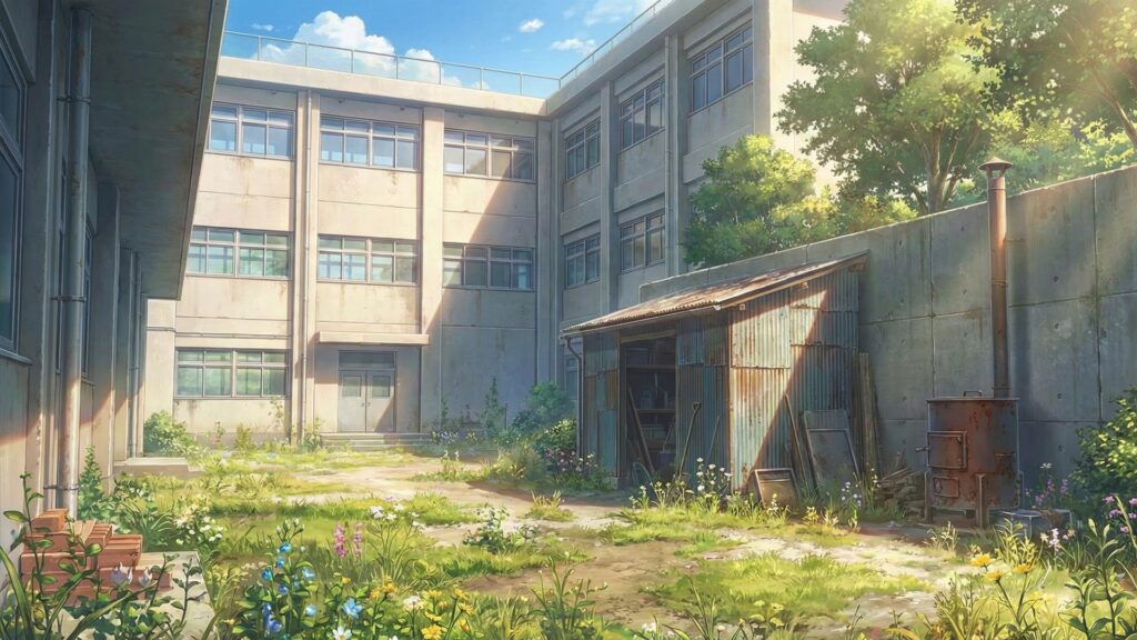 荒れた学校の校舎裏