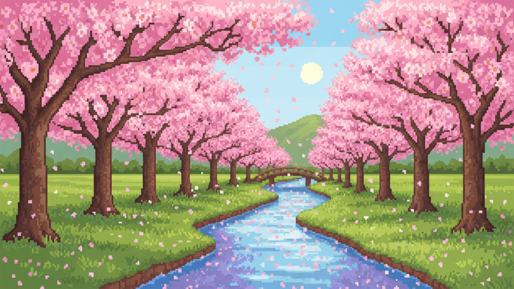 川沿いの桜並木｜ドット絵風