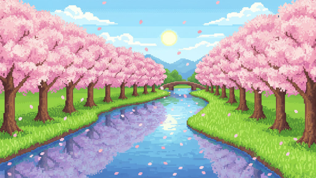 川沿いの桜並木｜ドット絵風