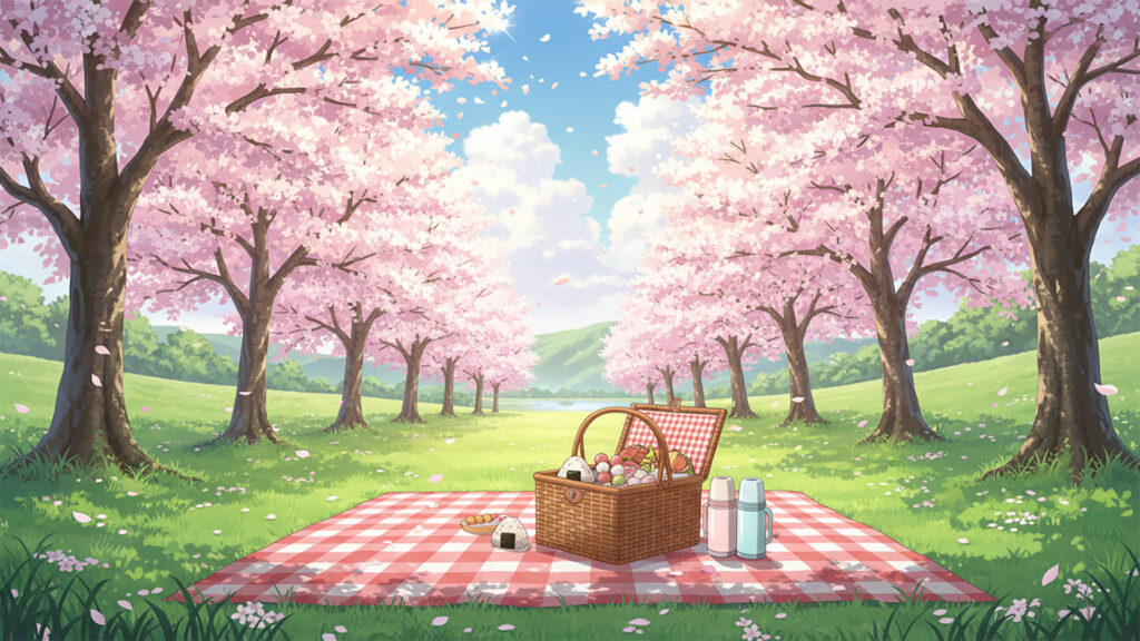 お花見ピクニックの背景イラストのフリー素材