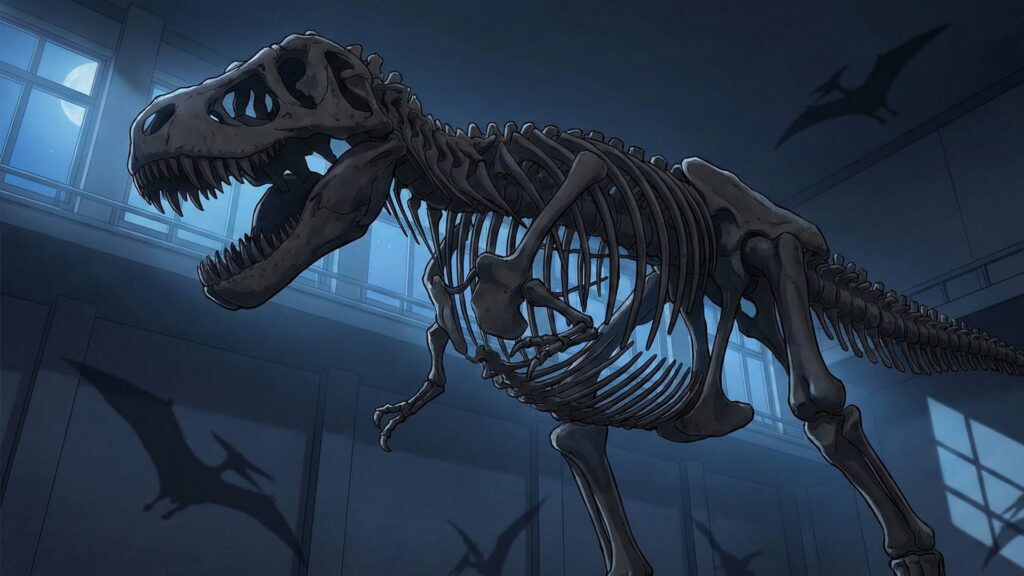 夜の美術館・博物館の恐竜化石展示室