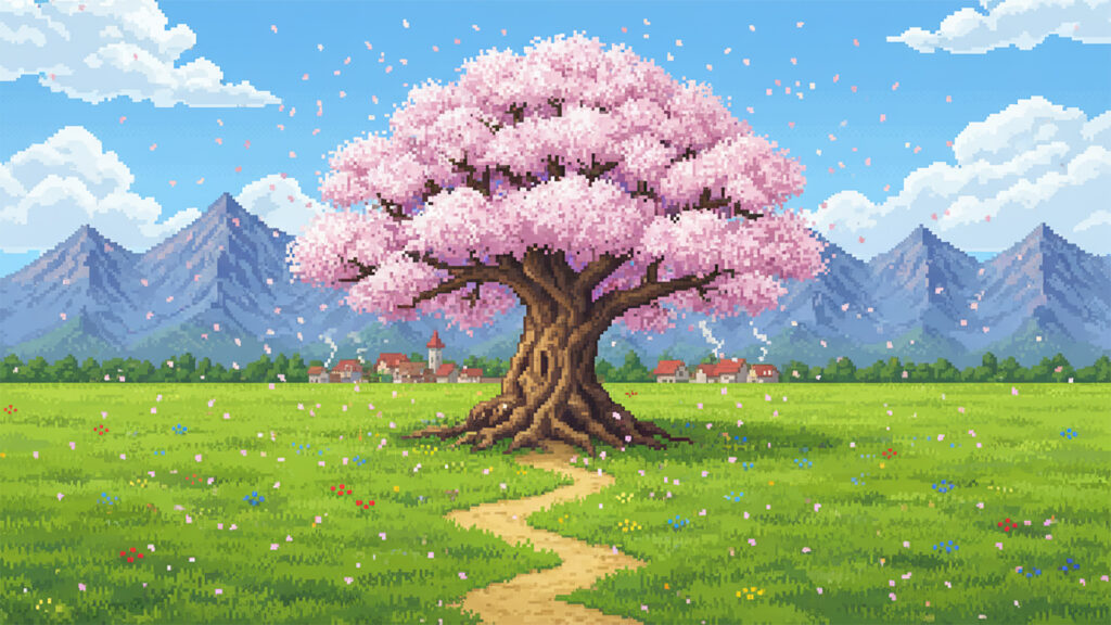 桜の巨木がある草原｜ドット絵風の背景イラストのフリー素材