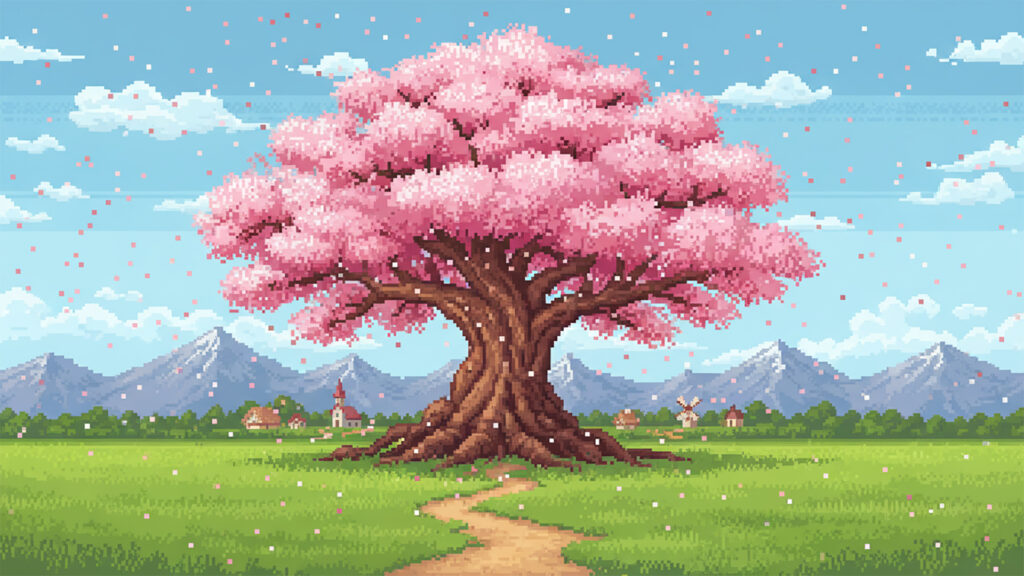 桜の巨木がある草原｜ドット絵風
