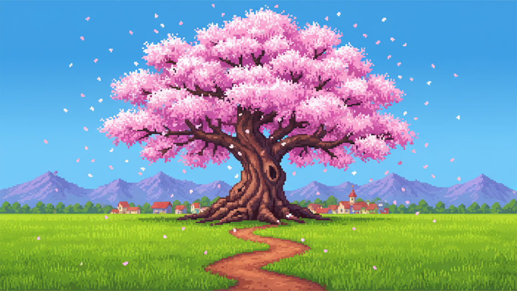 桜の巨木がある草原｜ドット絵風