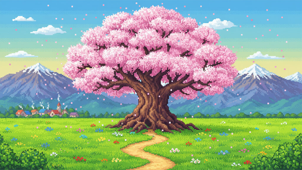 桜の巨木がある草原｜ドット絵風