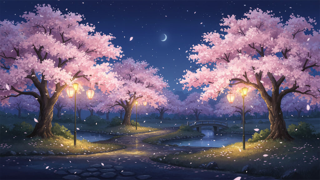 夜桜のライトアップの背景イラストのフリー素材