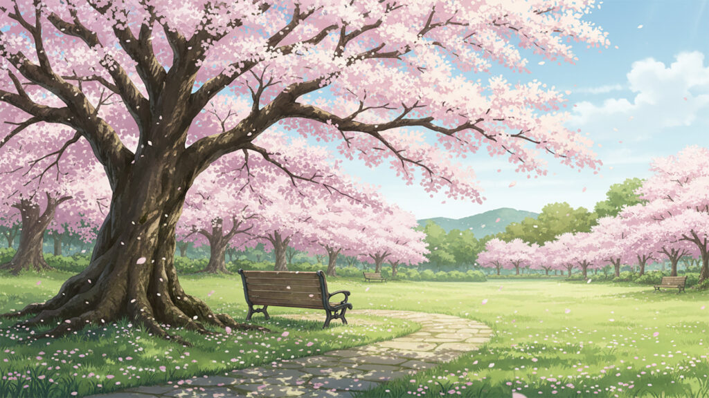 大きな桜とベンチ