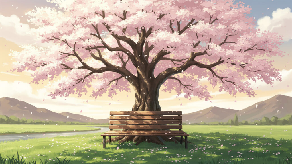 大きな桜とベンチの背景イラストのフリー素材