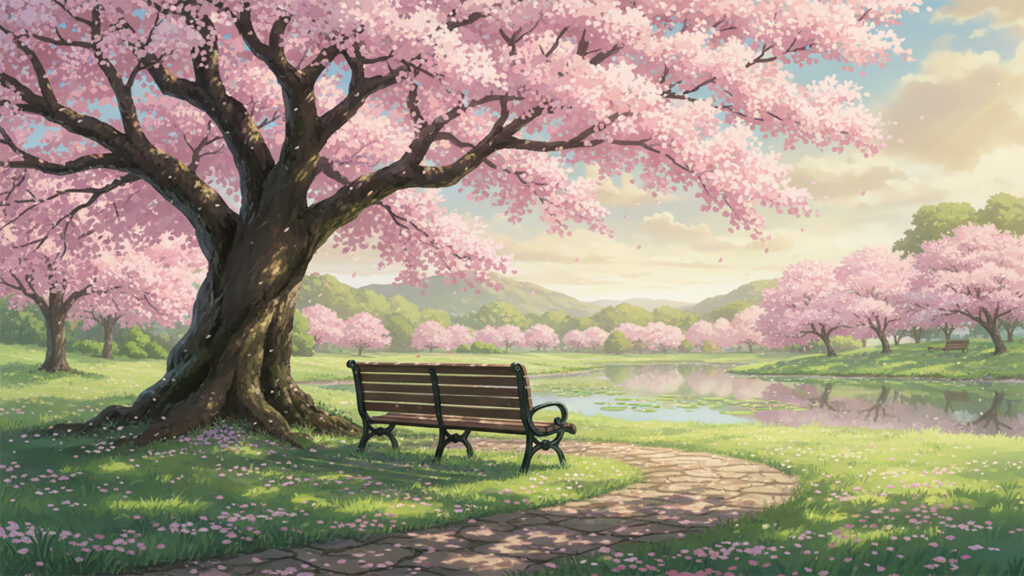 大きな桜とベンチ