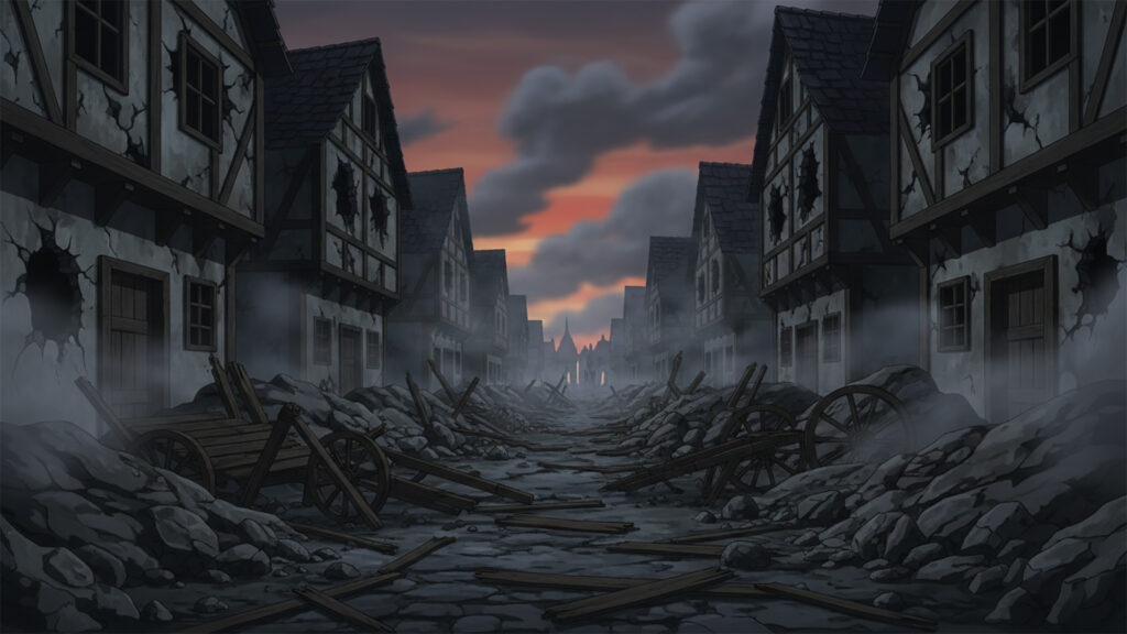 戦いによって破壊された中世風の街｜街並みの背景イラストのフリー素材