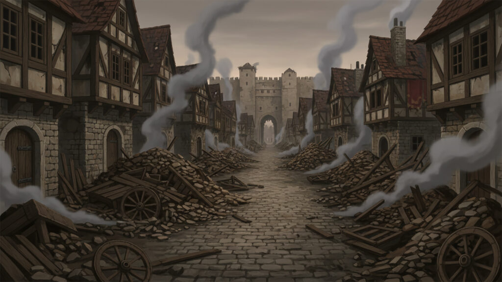 戦いによって破壊された中世風の街｜街並み