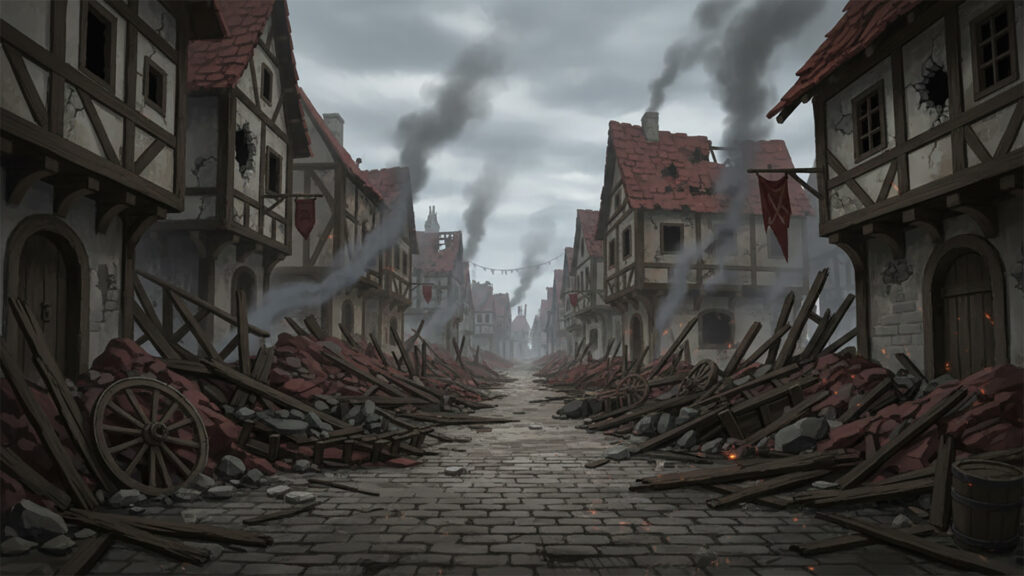 戦いによって破壊された中世風の街｜街並み