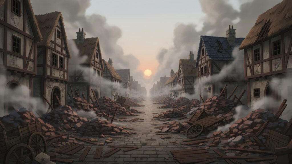 戦いによって破壊された中世風の街｜街並み
