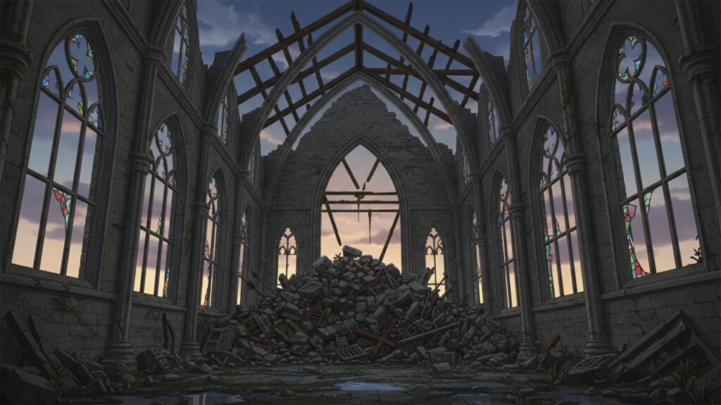 戦いによって破壊された中世風の街｜教会の背景イラストのフリー素材