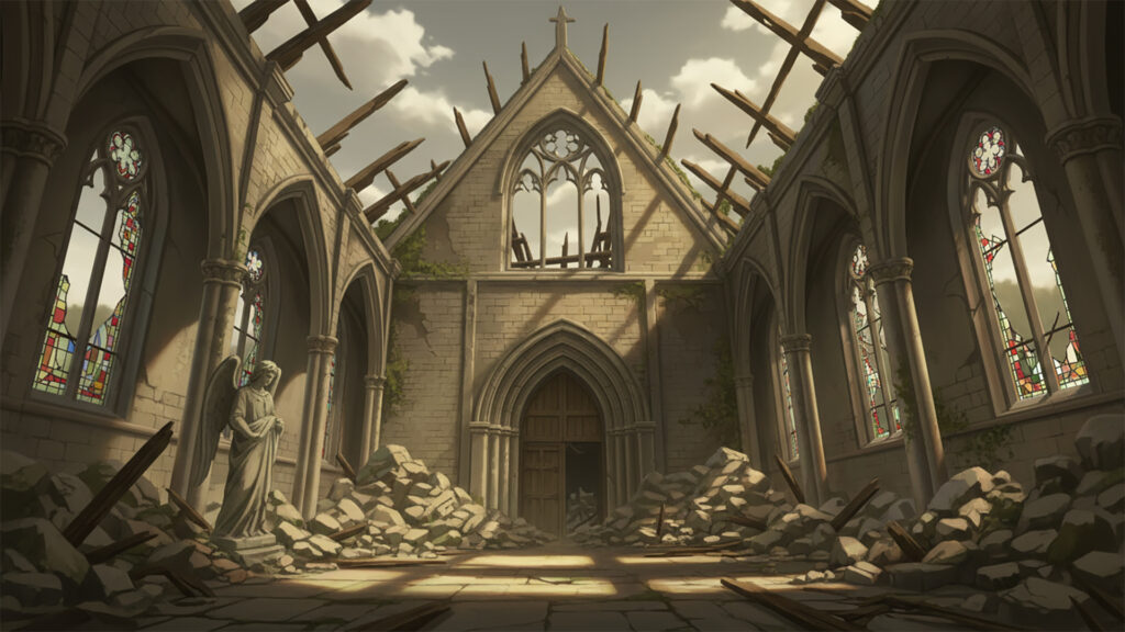 戦いによって破壊された中世風の街｜教会