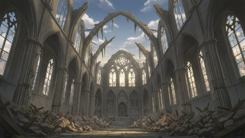 戦いによって破壊された中世風の街｜教会