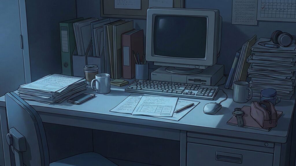 深夜の学校の職員室