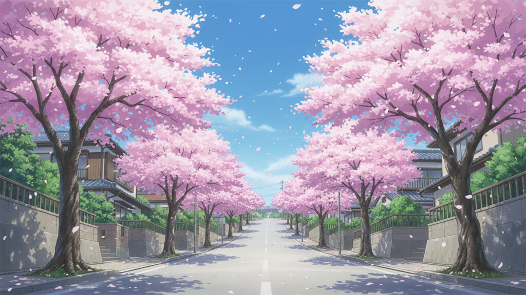 坂道と桜の背景イラストのフリー素材