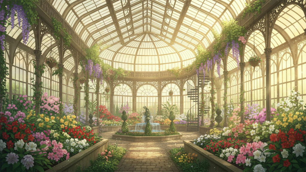 陽だまりの温室の背景イラストのフリー素材