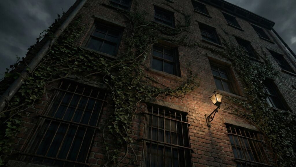 夜の美術館・博物館の古い別館(レンガ造り)