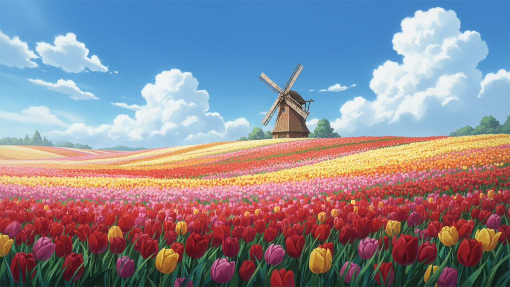チューリップと風車の丘