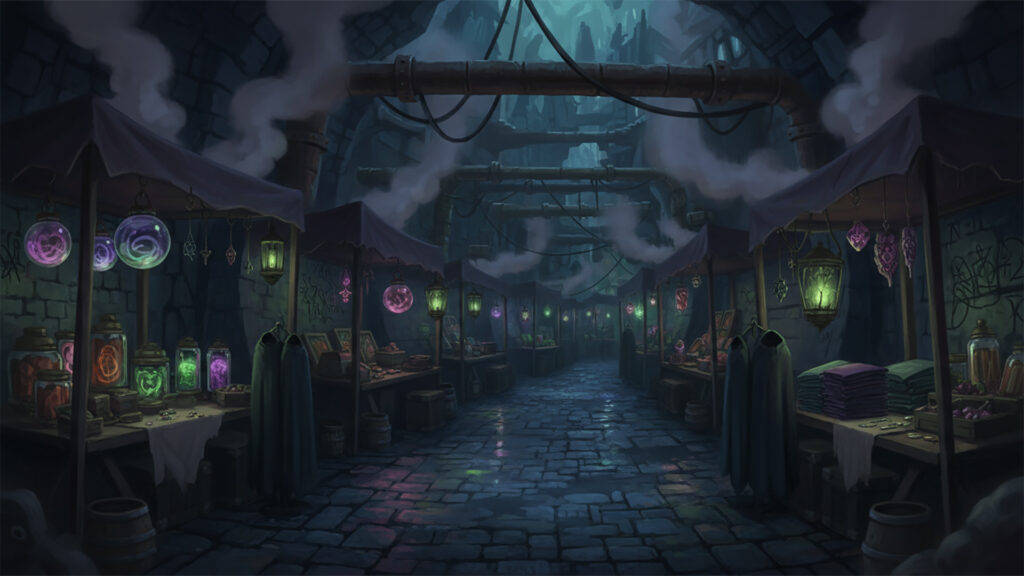 地下の闇市｜怪しい路地裏の背景イラストのフリー素材