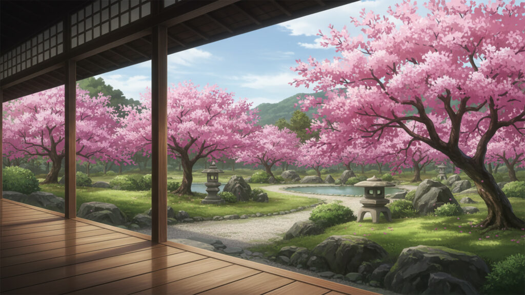 縁側から見る庭園の背景イラストのフリー素材