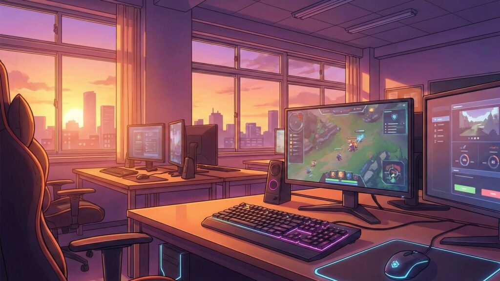 eスポーツ学校のパソコンが並ぶ教室