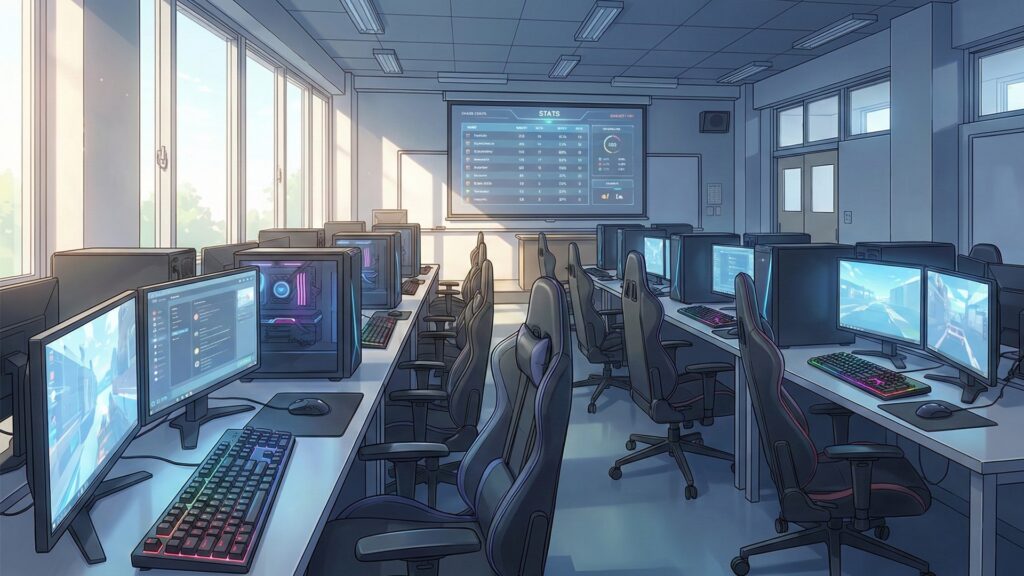 eスポーツ学校のパソコンが並ぶ教室