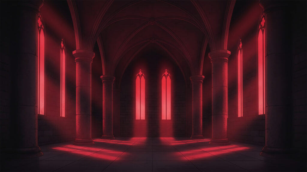 赤い光が差し込むゴシックな空間