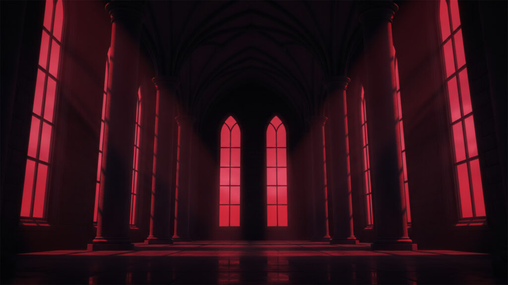 赤い光が差し込むゴシックな空間