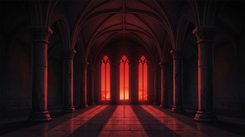 赤い光が差し込むゴシックな空間