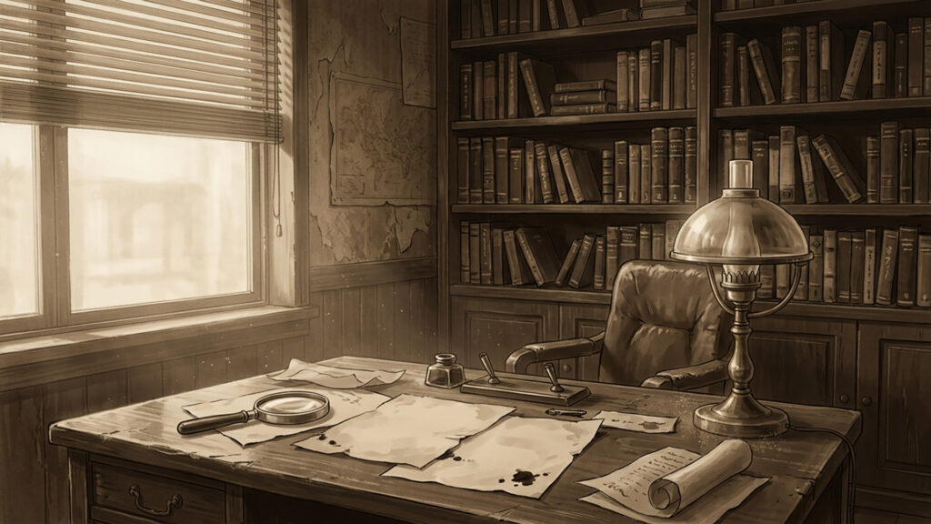 1920年代の探偵のデスク｜セピア調の背景イラストのフリー素材