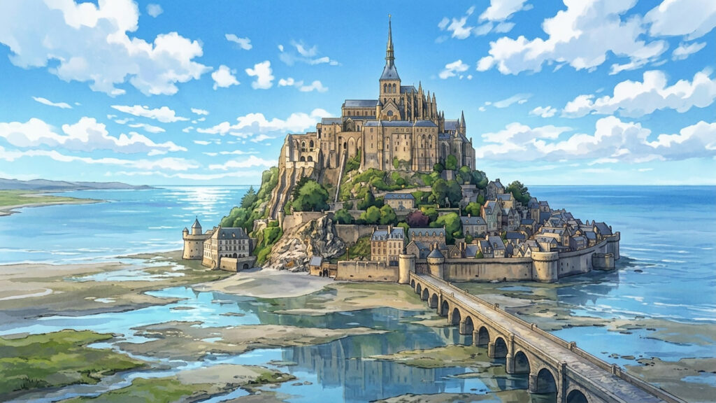 海辺の孤島-モン・サン・ミシェル風-｜差分ありの背景イラストのフリー素材