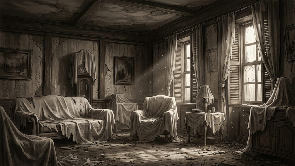 時間が止まった廃屋の居間｜セピア調の背景イラストのフリー素材